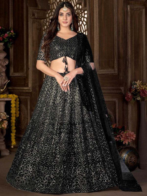Black Cocktail Lehenga Choli With Sequins Embroidery