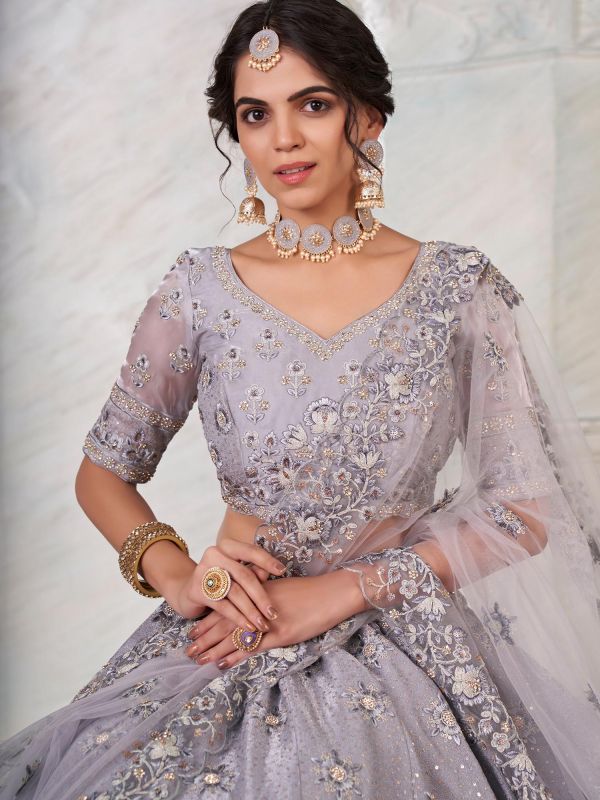 Grey Embroidered Art Silk Lehenga Choli