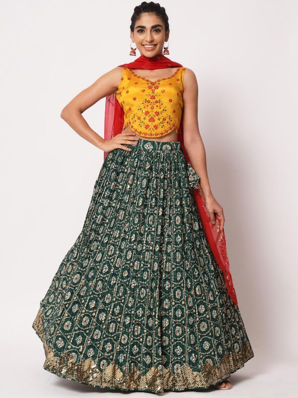 Green Printed Art Silk Lehenga Choli