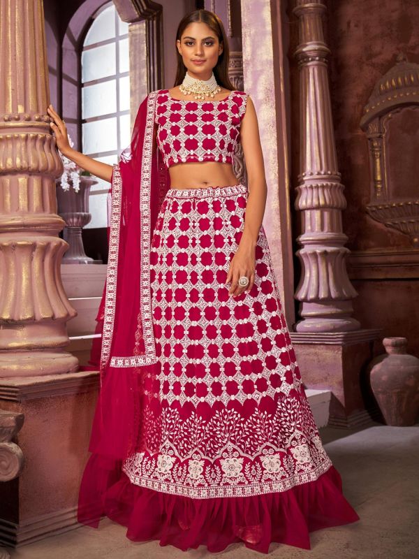 Red Embroidered Bridesmaid Lehenga Choli In Net