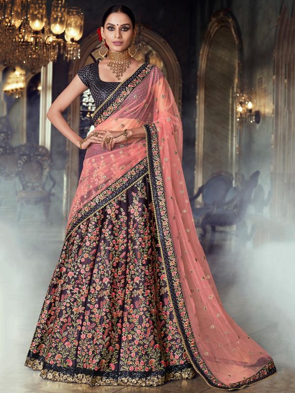 Purple Thread Embroidered Silk Lehenga Choli