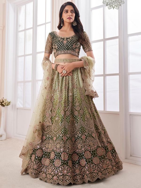 Green Shaded Wedding Wear Lehenga Choli In Net
