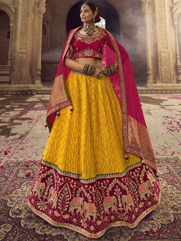 Yellow Embroidered Bridal Lengha In Rayon