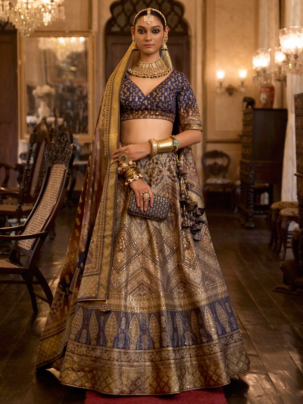 Grey Traditional Silk Lehenga Set For Bride