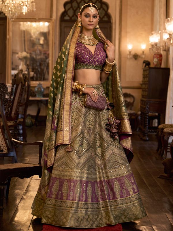 Green Zari Woven Wedding Wear Lehenga Choli