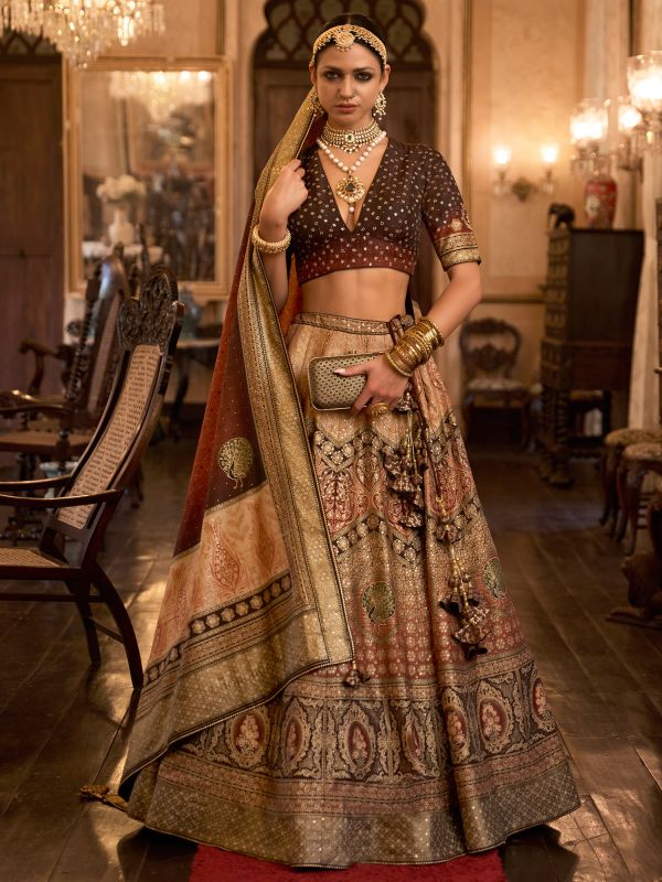 Brown Bridal Silk Lengha Set With Woven Work