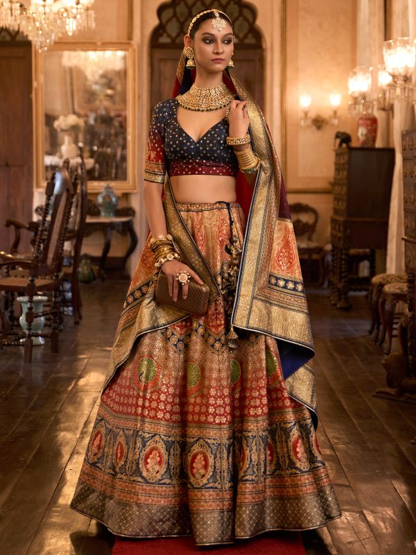 Multicolor Zari Woven Silk Lengha Choli Set