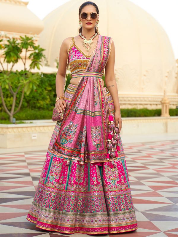 Pink Silk Lahanga With Heavy Embroidery