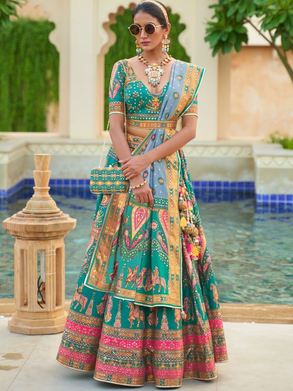 Blue Embroidered Bridal Lahanga In Silk