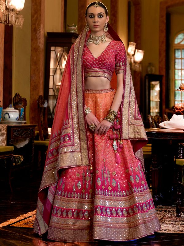 Pink Embroidered Traditional Lehenga Set In Silk