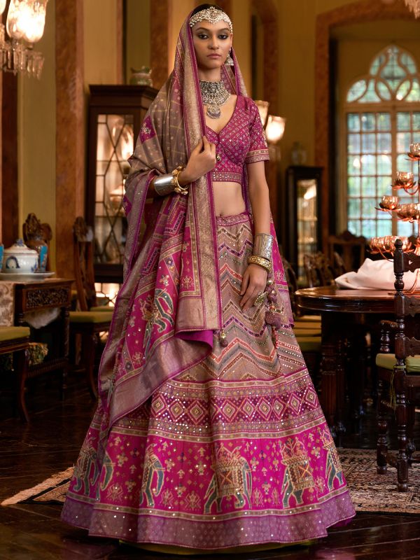 Pink Embroidered Bridal Lehenga Set In Silk