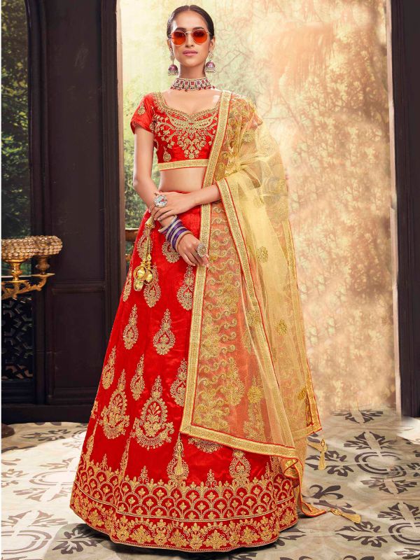 Red Lehanga Set With Golden Zari Embroidery 