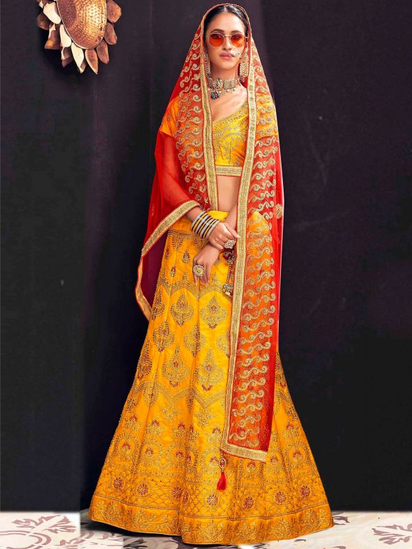 Yellow Zari Lengha With Embroidered Net Dupatta