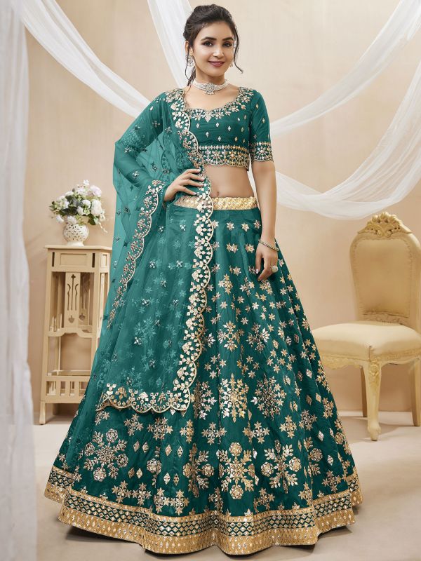 Green Gota Patti Embellished Lehenga In Art Silk