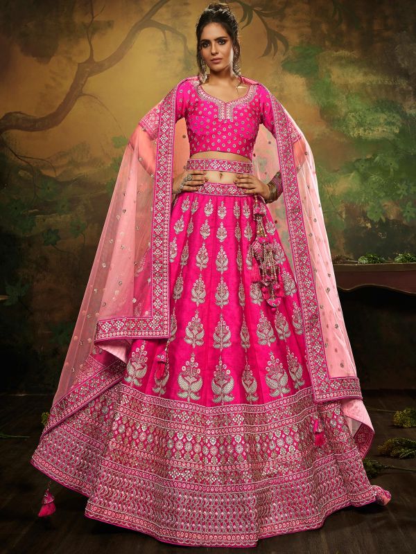 Pink Bridal Sequins Work Lehenga Choli In Silk