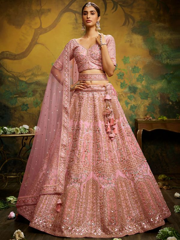 Pink Silk Wedding Wear Lengha With Heavy Embroidery