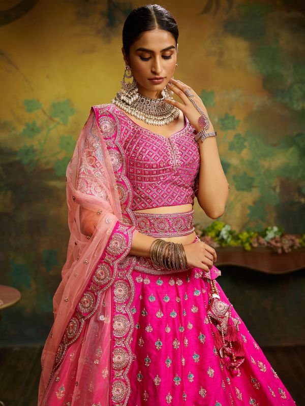 Pink Heavy Border Bridal Lehenga Choli In Silk