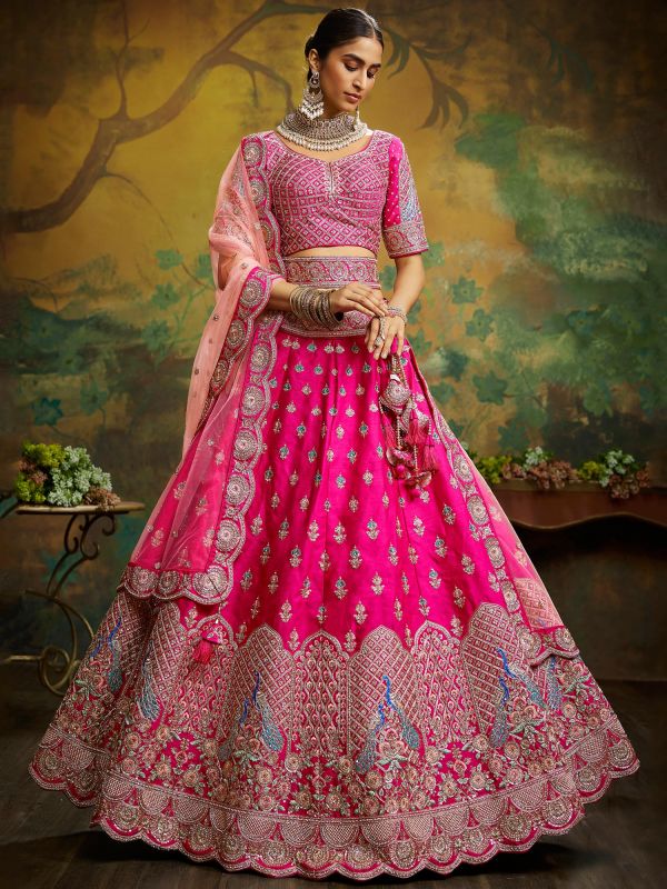 Pink Heavy Border Bridal Lehenga Choli In Silk