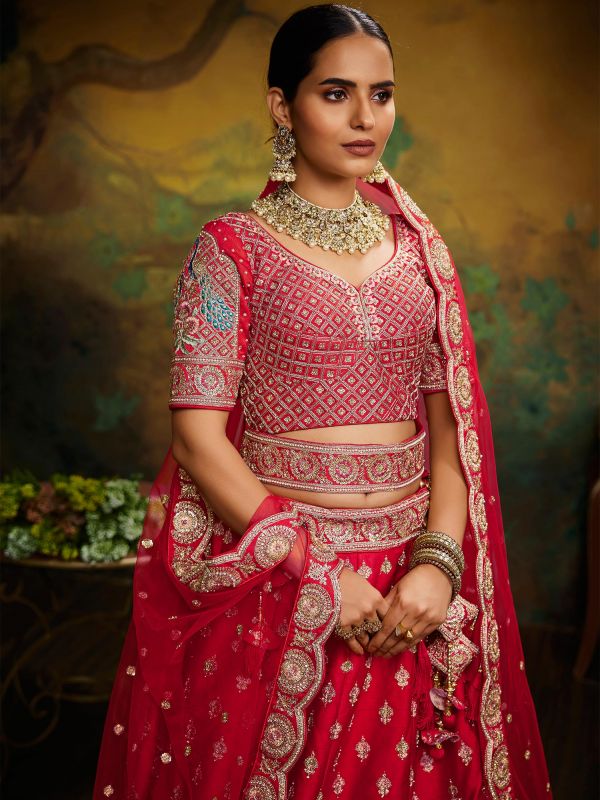 Red Heavy Embroidery Bridal Lengha In Silk