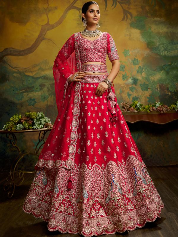 Red Heavy Embroidery Bridal Lengha In Silk