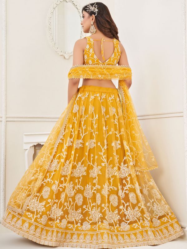 Yellow Embroidered Bridesmaid Lengha In Net