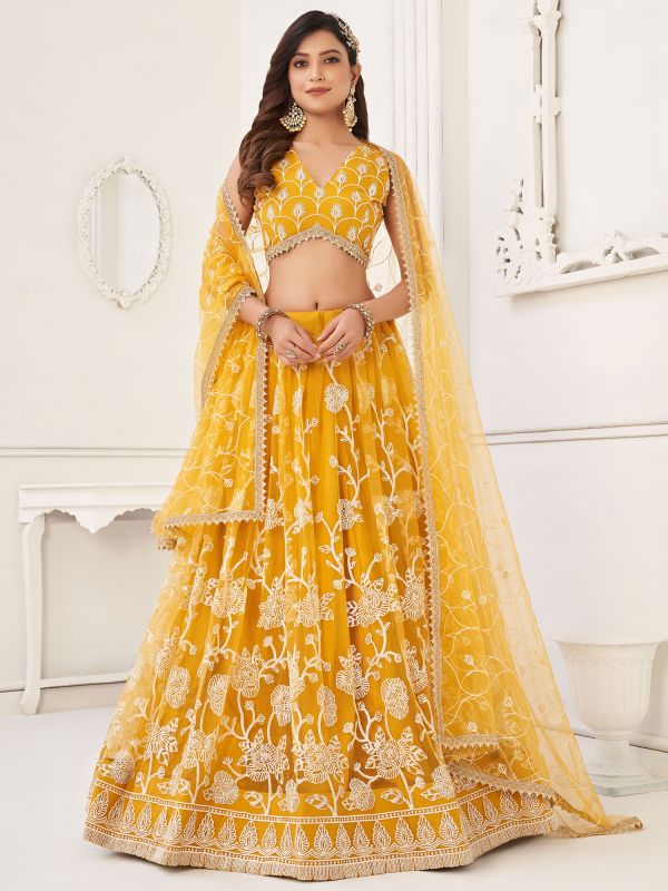 Yellow Embroidered Bridesmaid Lengha In Net