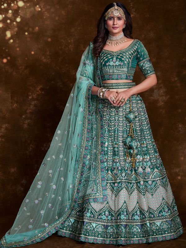 Green Wedding Wear Embroidered Lehenga Choli Set