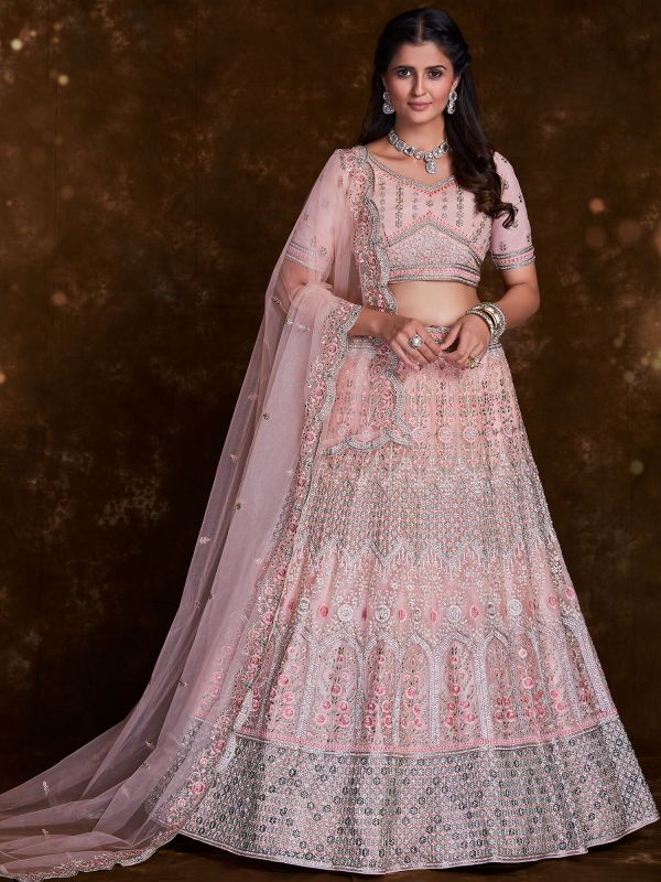 Peach Embroidered Engagement Lengha In Net