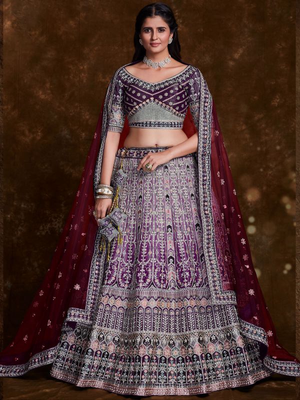 Purple Shaded Wedding Wear Lengha In Art Silk
