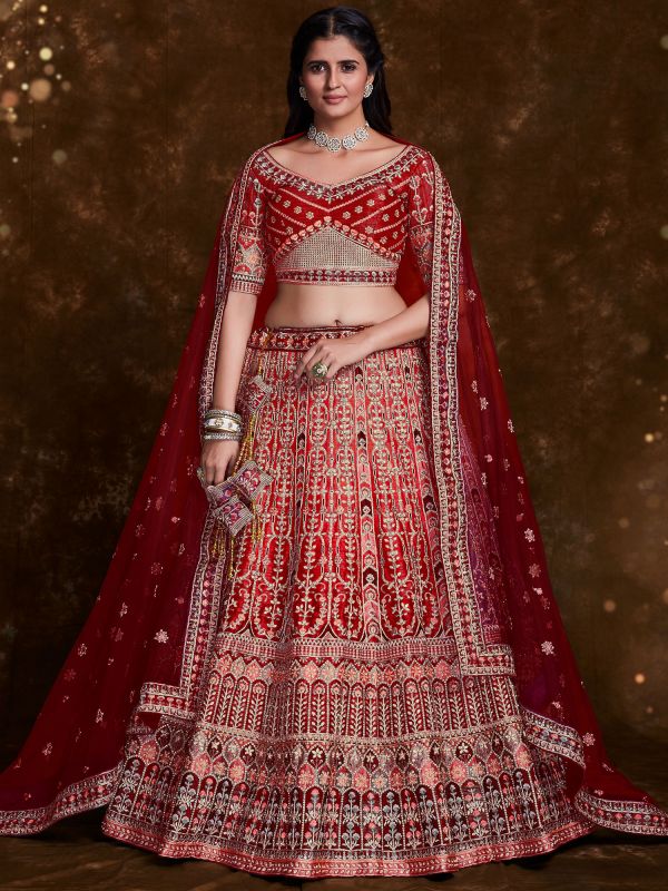 Red Stone Embellished Bridal Lehenga In Art Silk