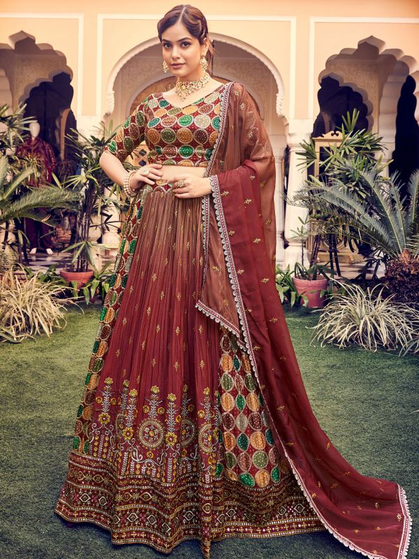 Brown Silk Lengha With Sequins Embroidery