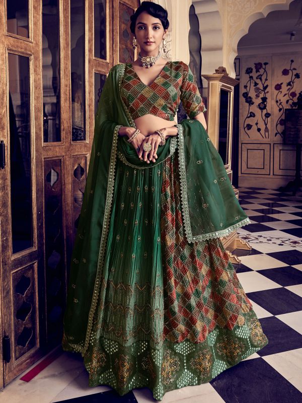 Green Wedding Wear Lehenga Choli With Prints