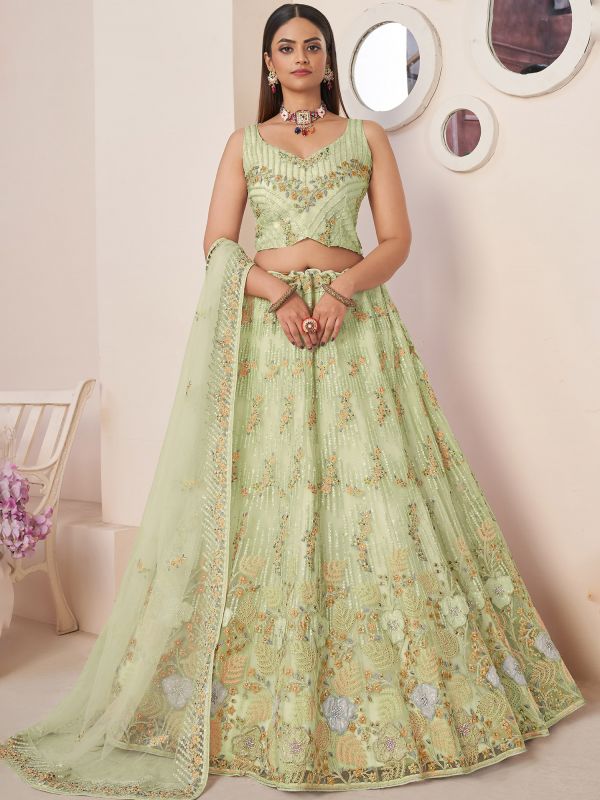 Green Net Lehenga Set With Embroidered Blouse