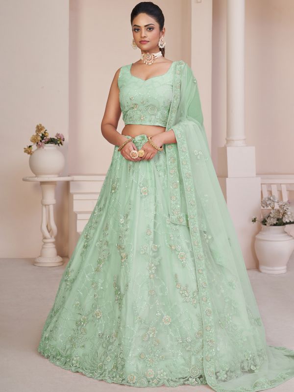 Turquoise Lehenga Choli With A Line Styled In Net