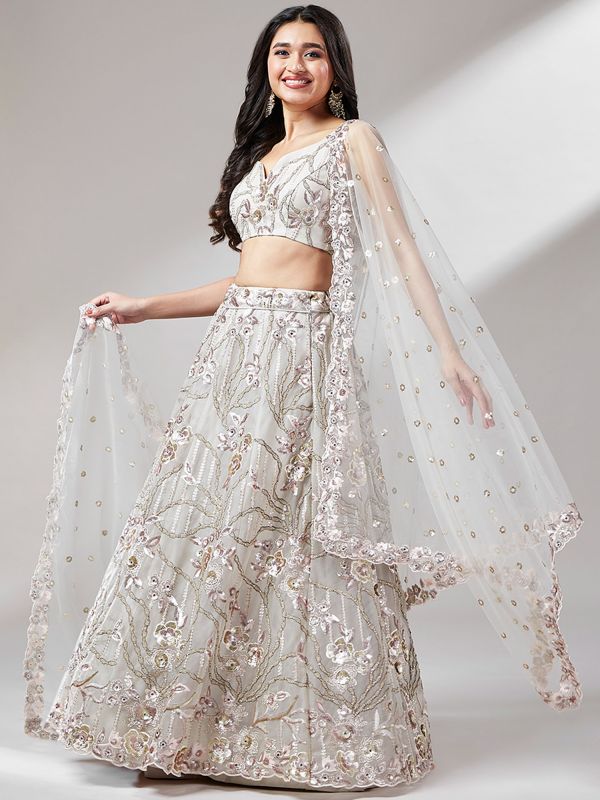 Grey Designer Lengha Choli With Sequins Embroidery