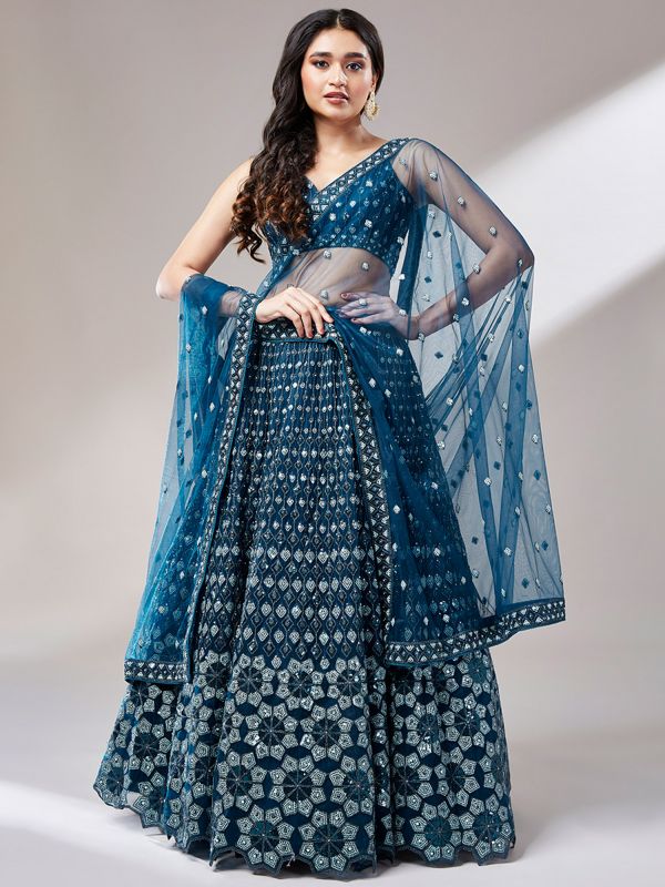 Blue Bridesmaid Sequined Lehenga Choli In Net