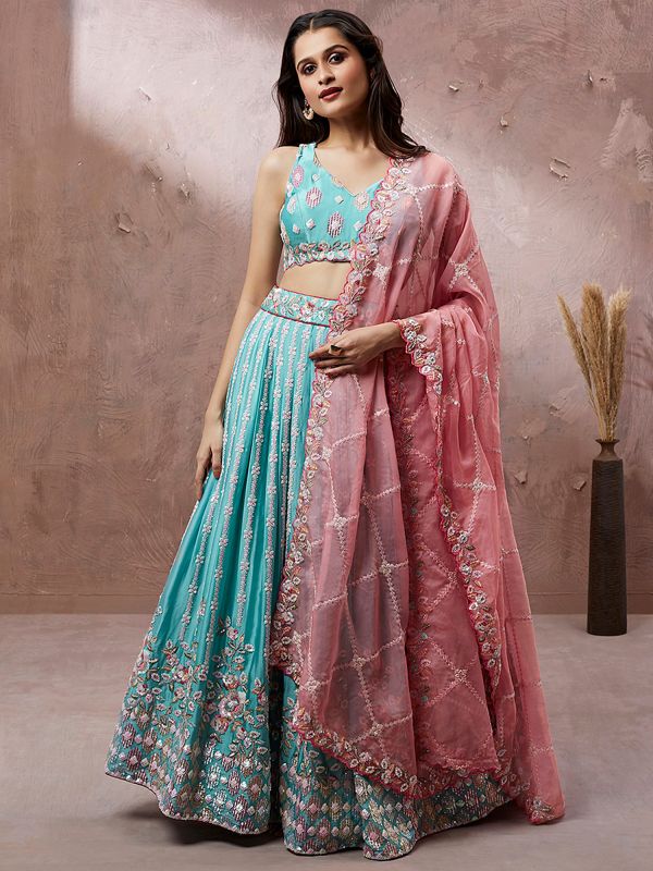 Blue Bridesmaid Georgette Lengha With Heavy Embroidery