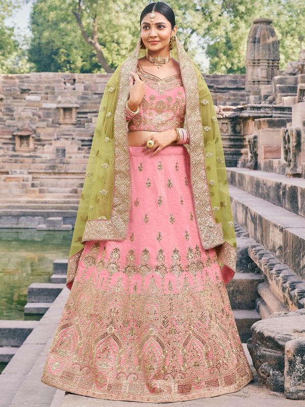 Pink Zari Embroidered Lehenga Choli In Handloom Silk