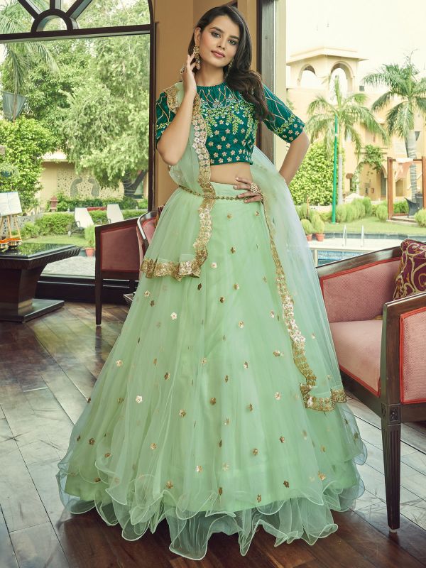 Green Sequin Embellished Lehenga With Blouse