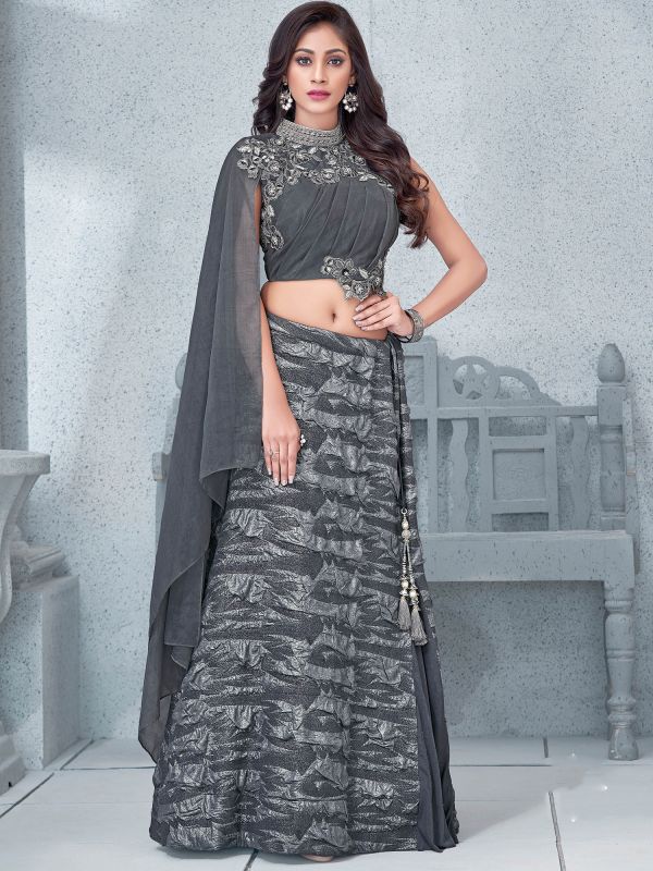 Grey Party Wear Lengha With Embroidered Choli