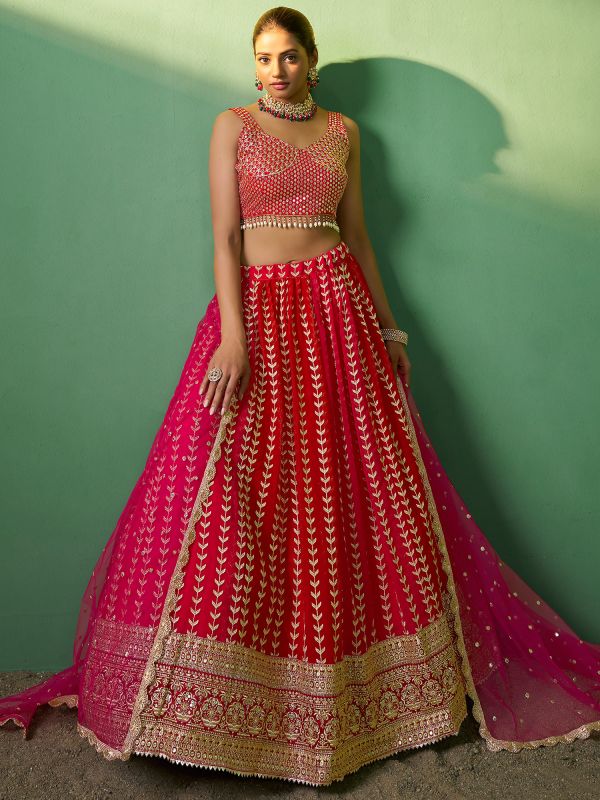 Red Wedding Wear Georgette Lehenga With Zari Embroidery