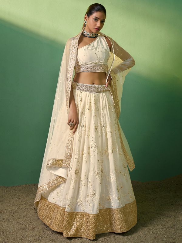 White Sequins Embroidered Festive Lehenga With Dupatta