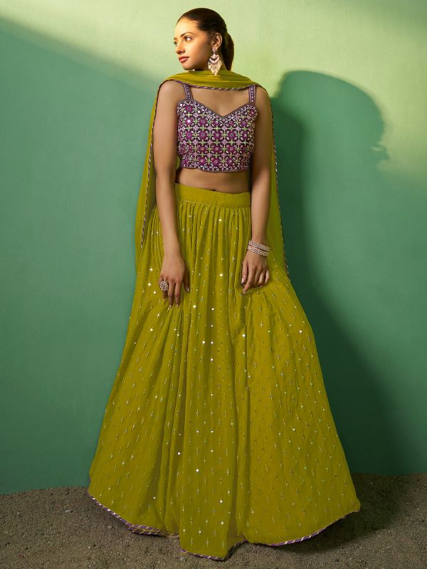 Green Georgette Lehenga Choli With Sequins Embroidery