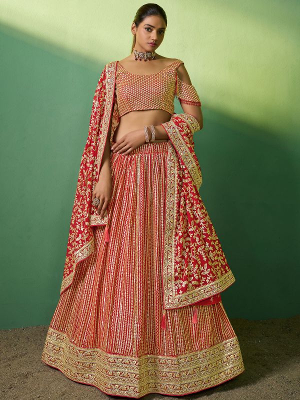 Red Sequined Bridal Style Lehenga Choli In Georgette