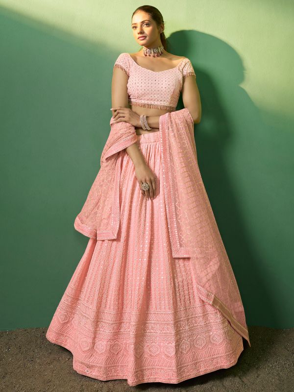 Pink Bridesmaid Georgette Lehenga With Heavy Embroidery