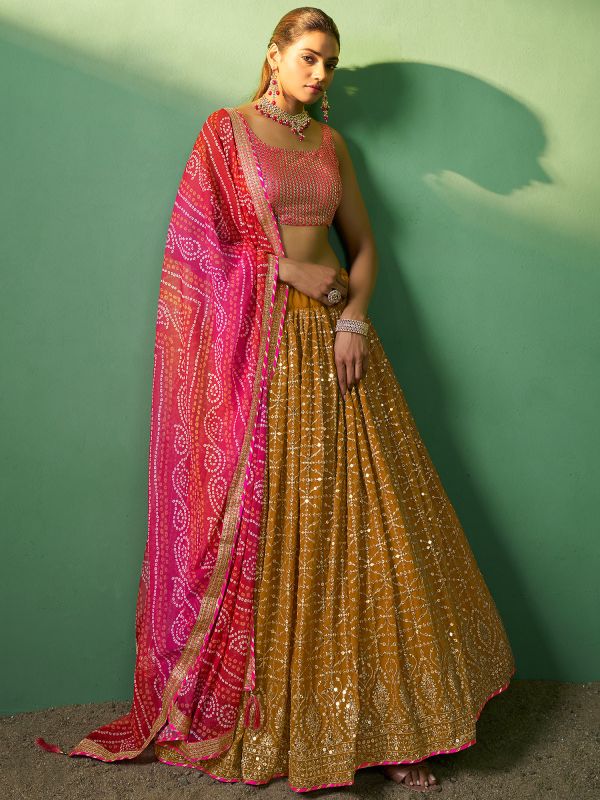 Yellow Sequins Embroidered Georgette Lengha With Dupatta