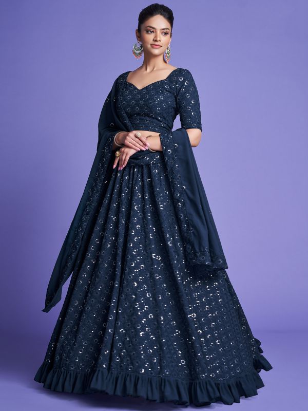 Blue Thread Work Lehenga Choli In Georgette