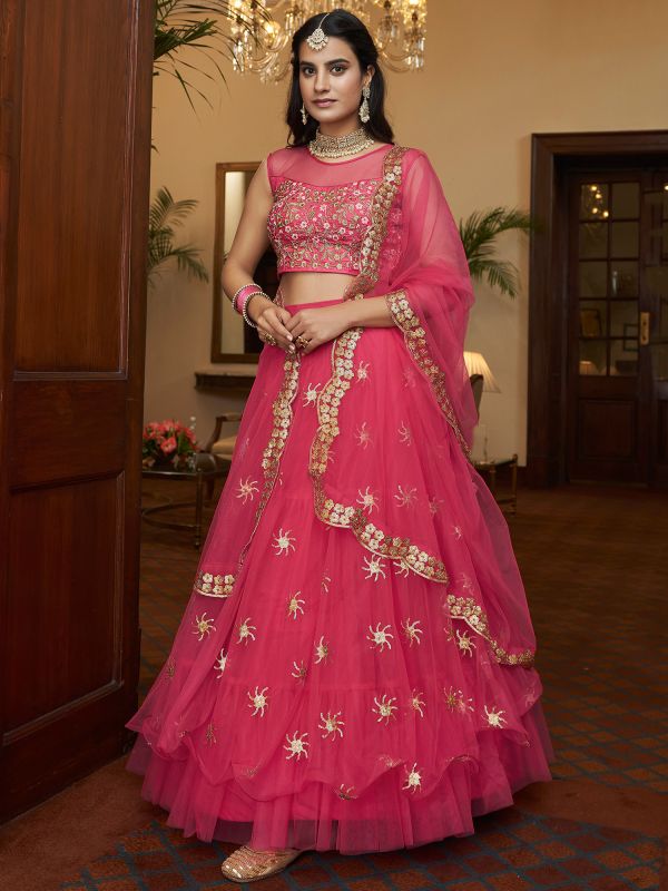 Pink Lehenga In Net With Embroidered Choli