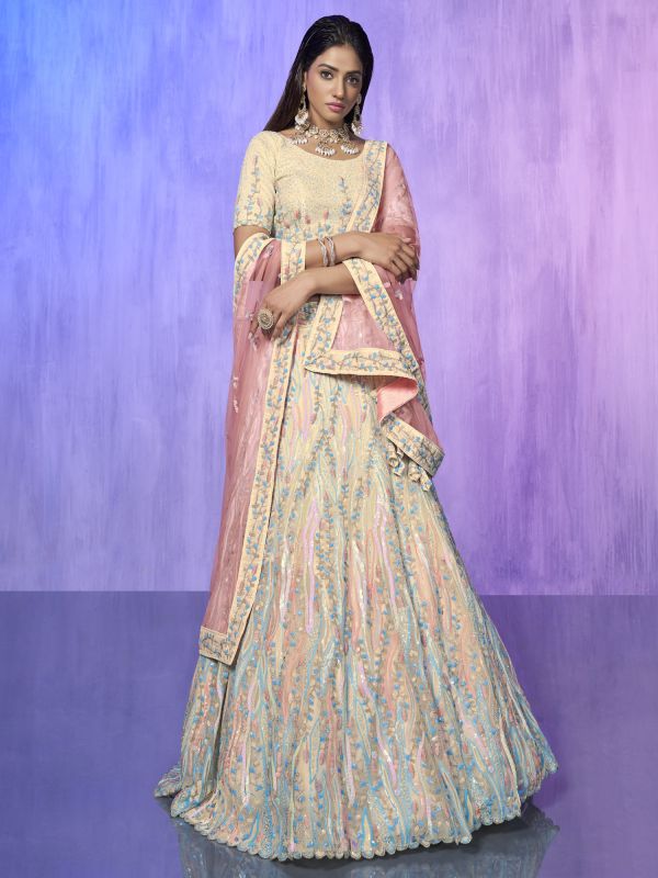 Cream Georgette Lehenga Choli With Sequins Embroidery