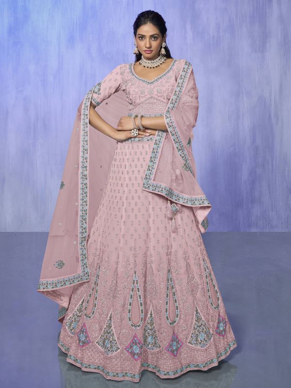 Pink Bridesmaid Lehenga Choli In Stone Embroidery
